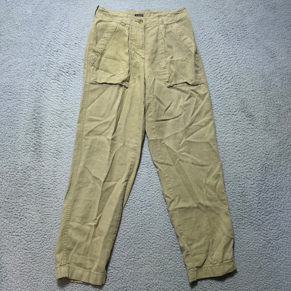 J Crew Linen Blend Cargo Pants Khaki Tan Women's Size 00 Cropped Pleated Pockets